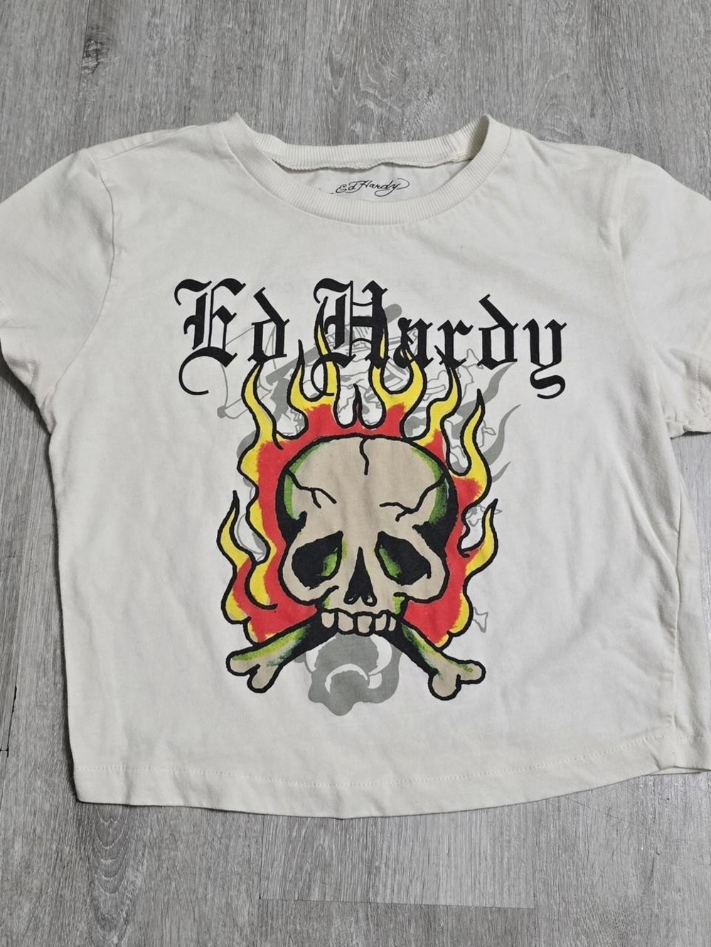 Ed Hardy Flame Skull Cropped Baby Tee Women's Y2K Size Medium